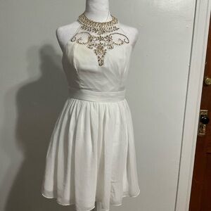 Elegant White and Gold Halter Dress